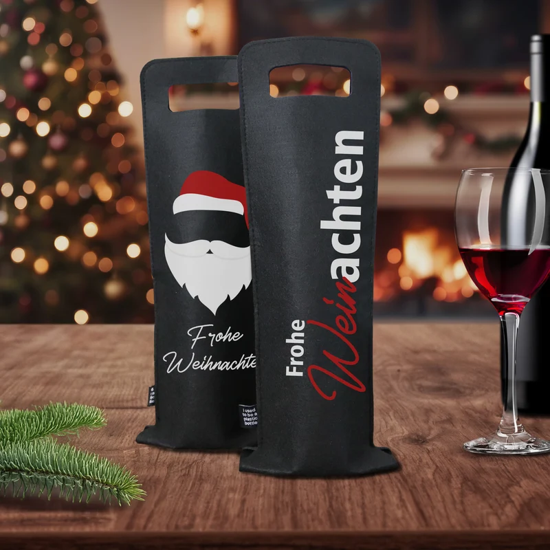 Geschenkverpackung für Wein 2er Set Flaschentasche Geschenktasche für Weinflaschen aus Filz Geschenktüte Weihnachten Weinachten / Santa - schwarz
