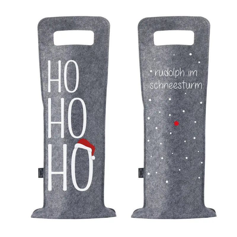 Geschenkverpackung für Wein 2er Set Flaschentasche Geschenktasche für Weinflaschen aus Filz Geschenktüte Weihnachten Hohoho / Rudolph - grau