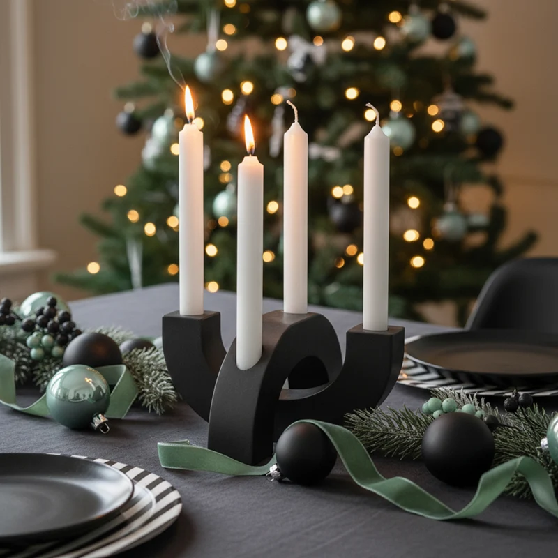 Adventskranz modern Kerzenhalter aus Gießbeton minimalistisch Weihnachtsdeko Halbkreis Schwarz