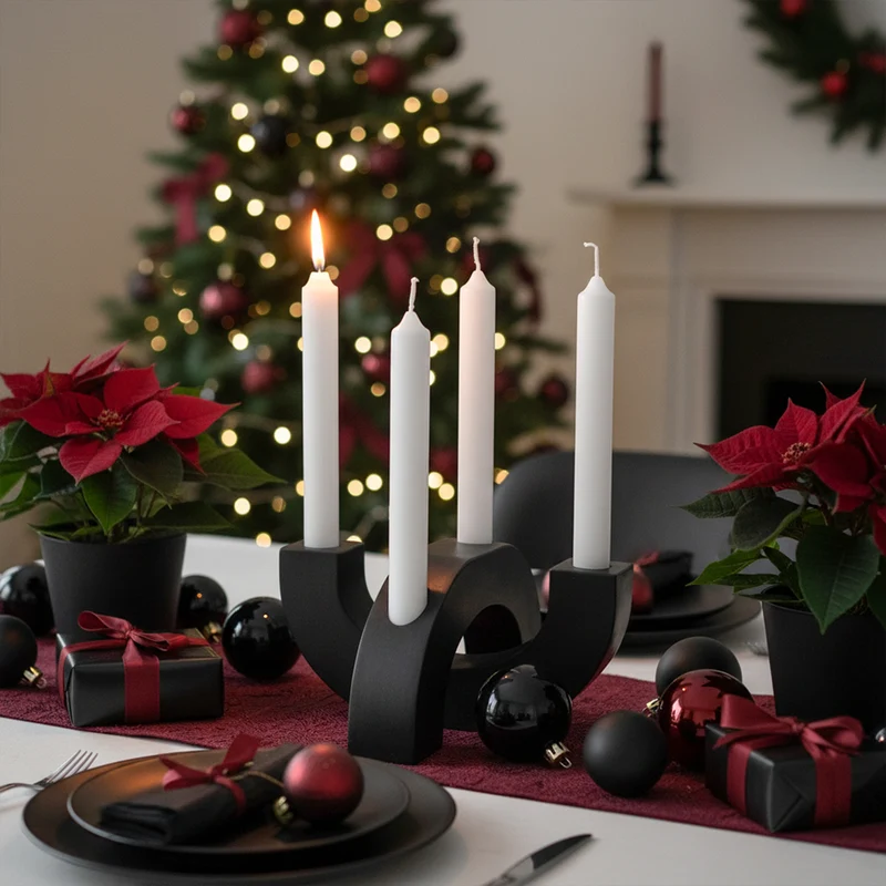 Adventskranz modern Kerzenhalter aus Gießbeton minimalistisch Weihnachtsdeko Halbkreis Schwarz