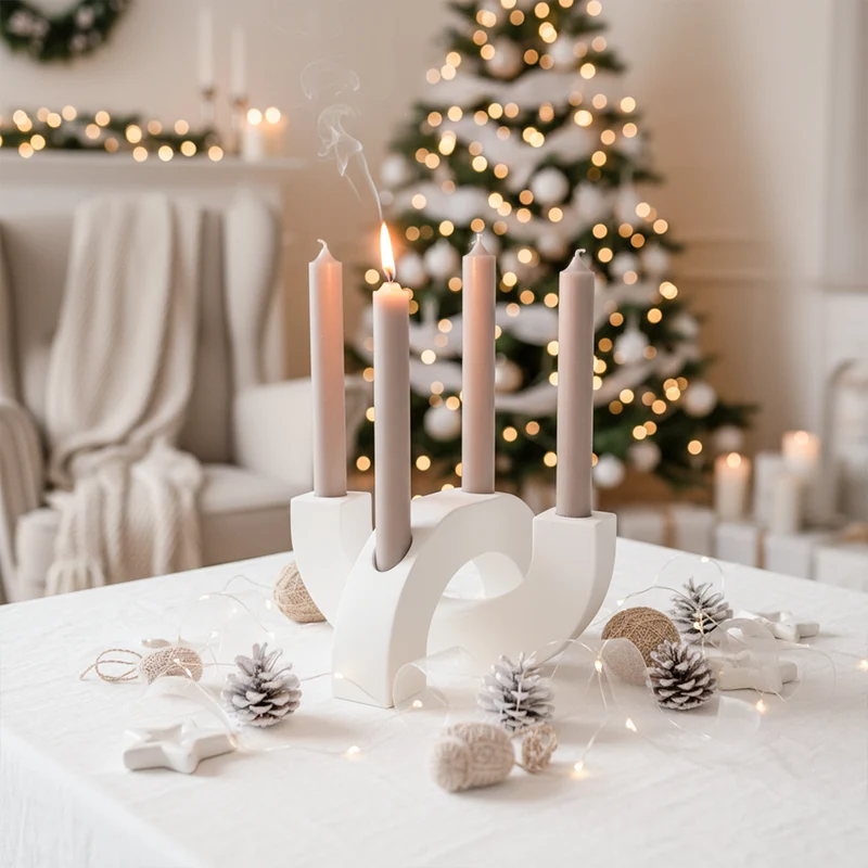 Adventskranz modern Kerzenhalter aus Gießbeton minimalistisch Weihnachtsdeko Halbkreis weiß Boho