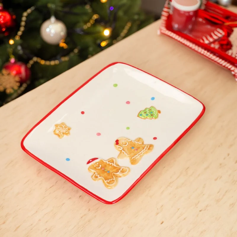 Ceramic Christmas Gingerbread Plate | Rectangle Christmas Snack Plate - 20x15cm
