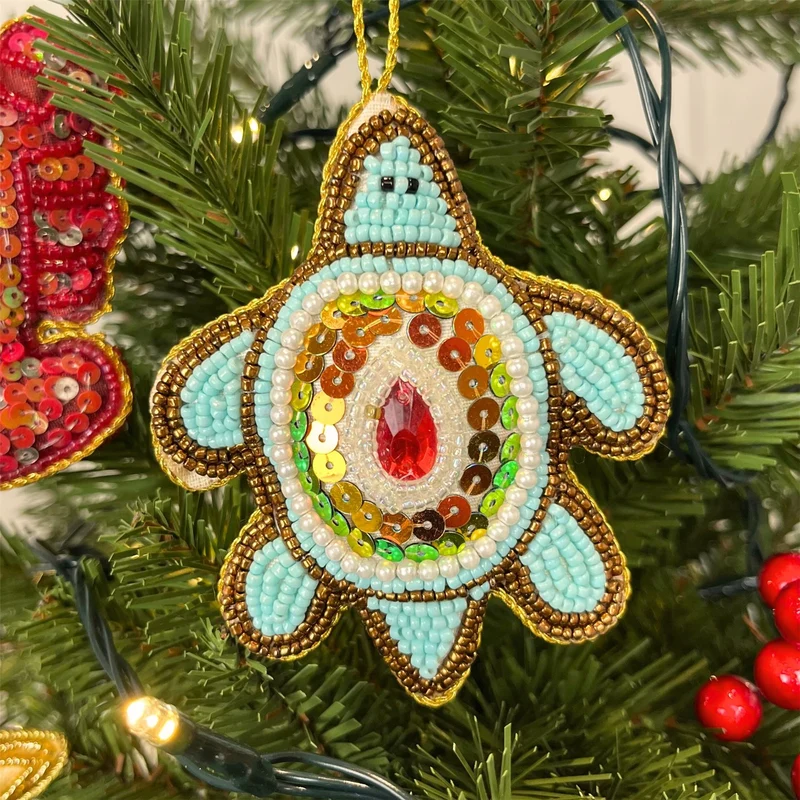 Christmas Tree Beaded Turtle Bauble | Christmas Tree Hanging Ornament - 10cm
