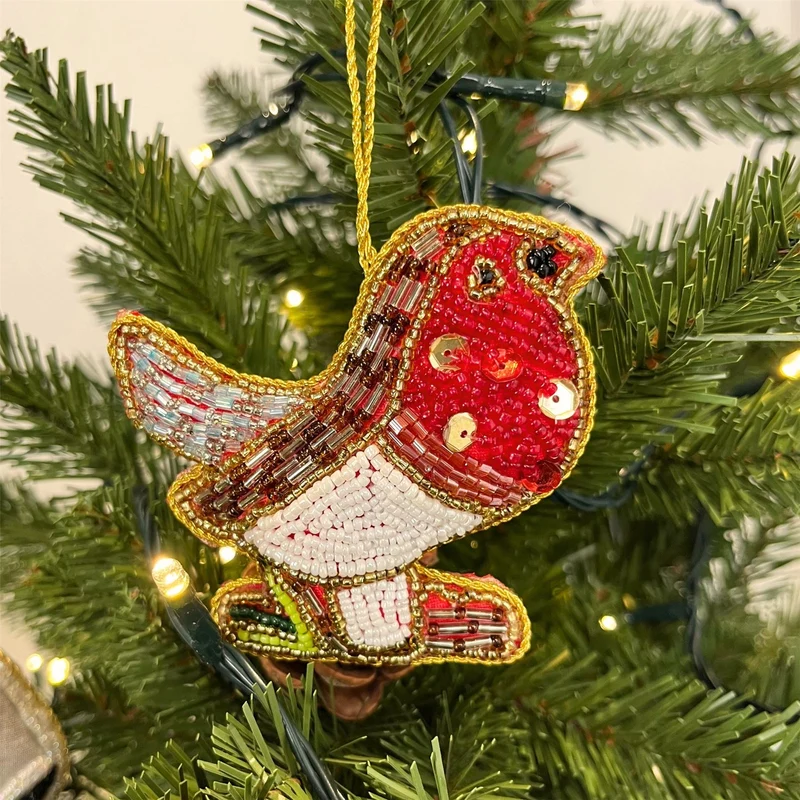 Christmas Tree Beaded Robin Bauble | Christmas Tree Hanging Ornament - 10cm