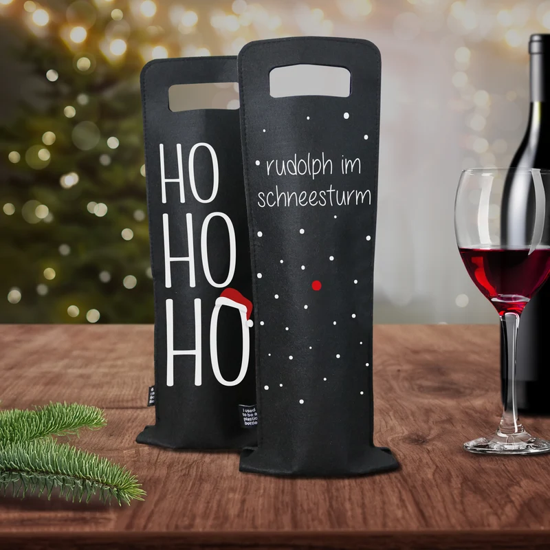 Geschenkverpackung für Wein 2er Set Flaschentasche Geschenktasche für Weinflaschen aus Filz Geschenktüte Weihnachten Hohoho / Rudolph - schwarz