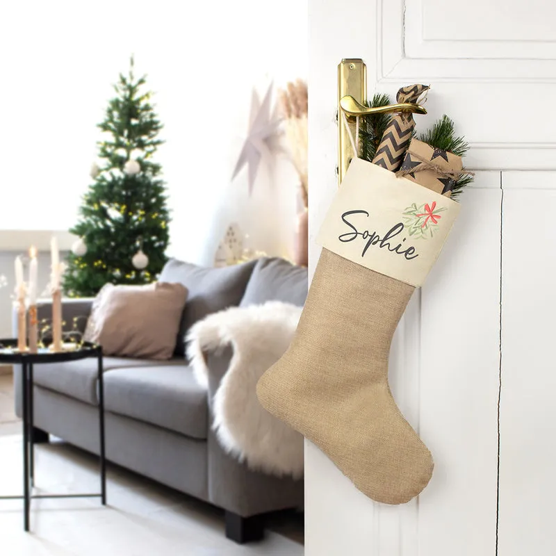 Nikolausstrumpf zum Befüllen Weihnachtssocke aus Jute personalisiert mit Name - Mistelzweig