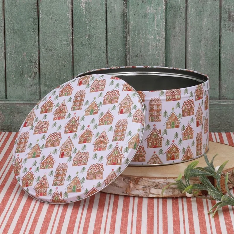 Gingerbread House Christmas Cake Tin | Festive Round Kitchen Storage Tin 23x12cm