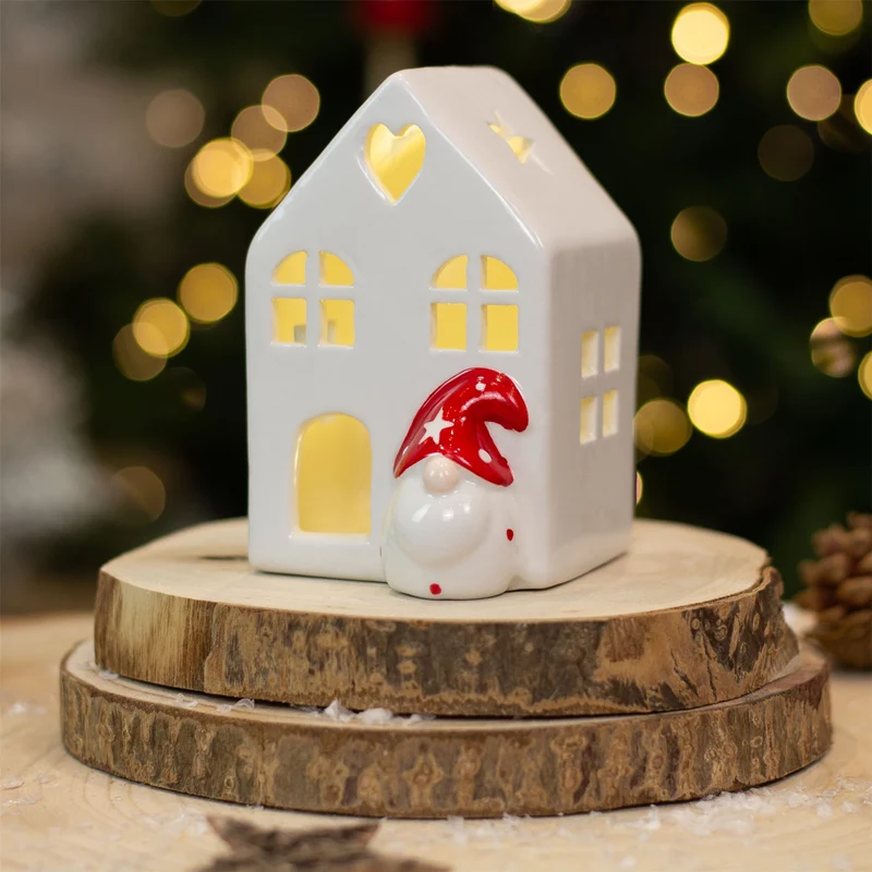 White Ceramic LED Christmas House with Gonk | Light Up Festive Decoration - 11cm