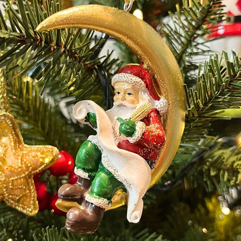 Santa on the Moon Bauble | Santa Claus Resin Christmas Tree Hanging Ornament 9cm
