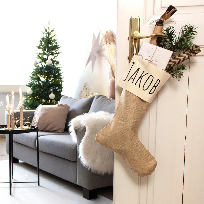 Nikolausstrumpf zum Befüllen Weihnachtssocke aus Jute personalisiert mit Name - Modern