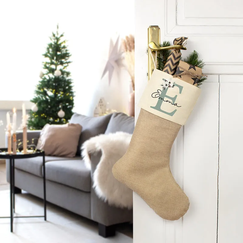 Nikolausstrumpf zum Befüllen Weihnachtssocke aus Jute personalisiert mit Name - Winterbuchstaben Initialen