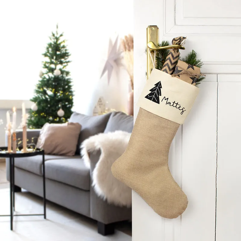 Nikolausstrumpf zum Befüllen Weihnachtssocke aus Jute personalisiert mit Name - Tannenbaum