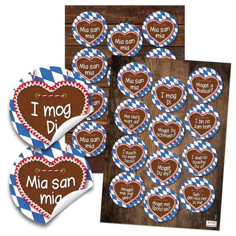 8 x 12 Bayerische Aufkleber rund blau weiß kariert MIA SAN MIA Single Sticker Single-Party Partnerböres Bayern Mundart Sprüche lustig Ich liebe Dich Etiketten Oktoberfest Gag