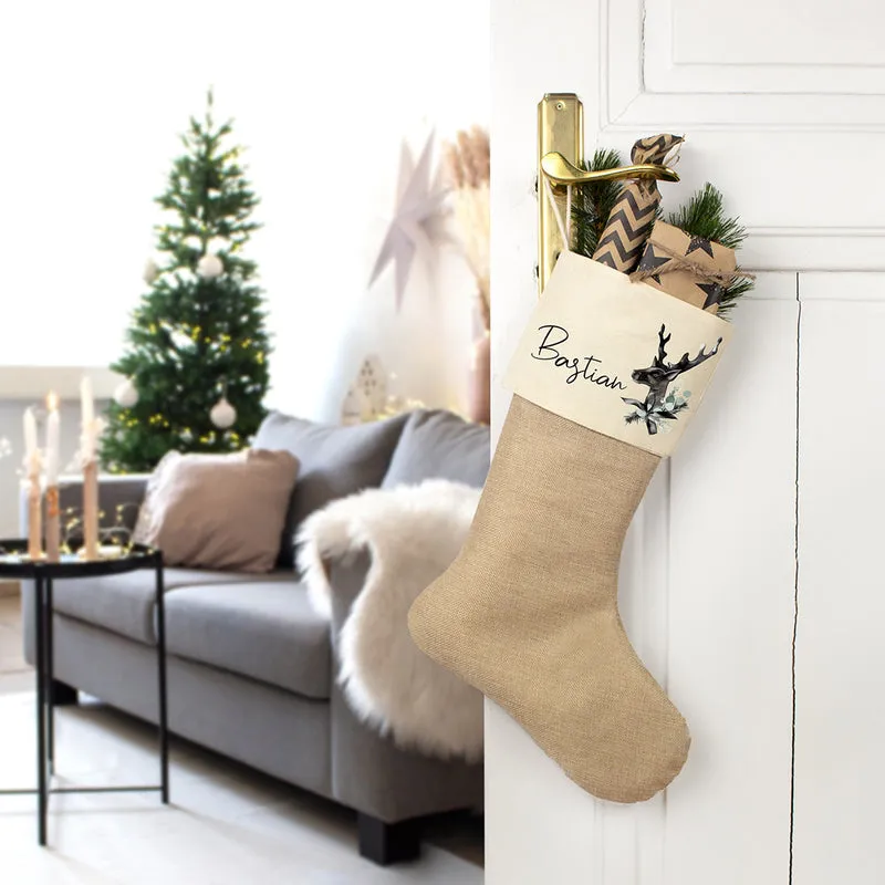 Nikolausstrumpf zum Befüllen Weihnachtssocke aus Jute personalisiert mit Name - Black Christmas Reindeer