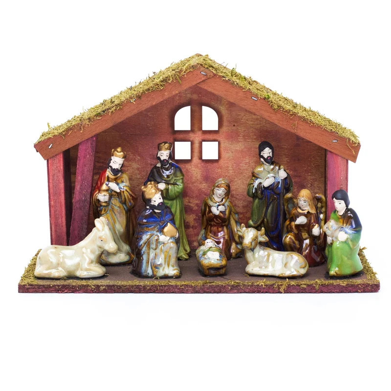 11-Piece Traditional Nativity Set with 10 Ceramic Figures & Wooden Stable - 30cm
