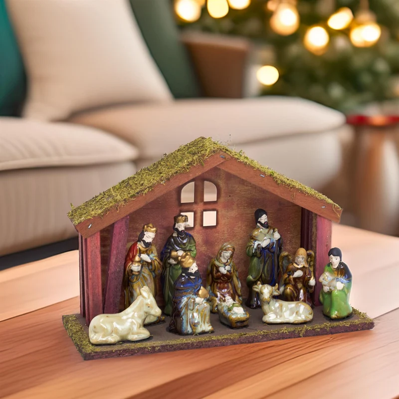 11-Piece Traditional Nativity Set with 10 Ceramic Figures & Wooden Stable - 30cm