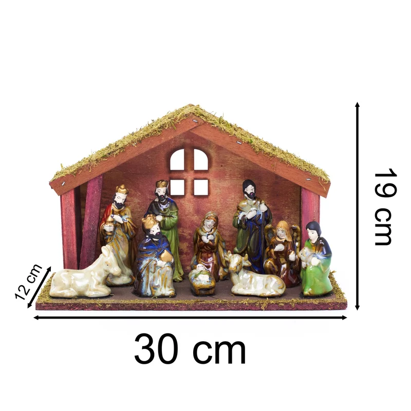 11-Piece Traditional Nativity Set with 10 Ceramic Figures & Wooden Stable - 30cm