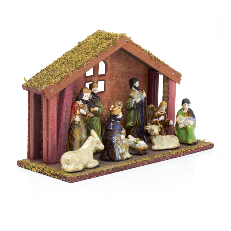11-Piece Traditional Nativity Set with 10 Ceramic Figures & Wooden Stable - 30cm