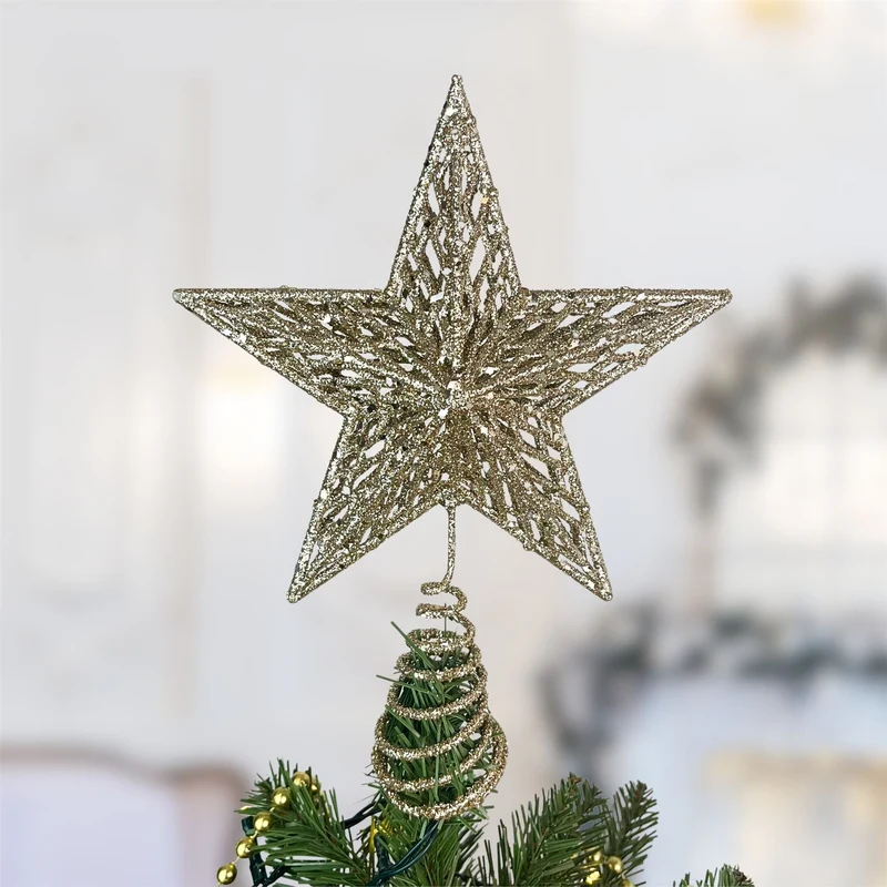 Champagne Gold Star Christmas Tree Topper | Gold Glitter Star Tree Topper - 23cm