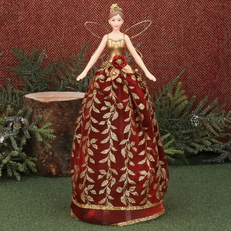 Red Fairy Christmas Tree Topper | Gold Leaf Fairy Angel Tree Ornament - 28cm