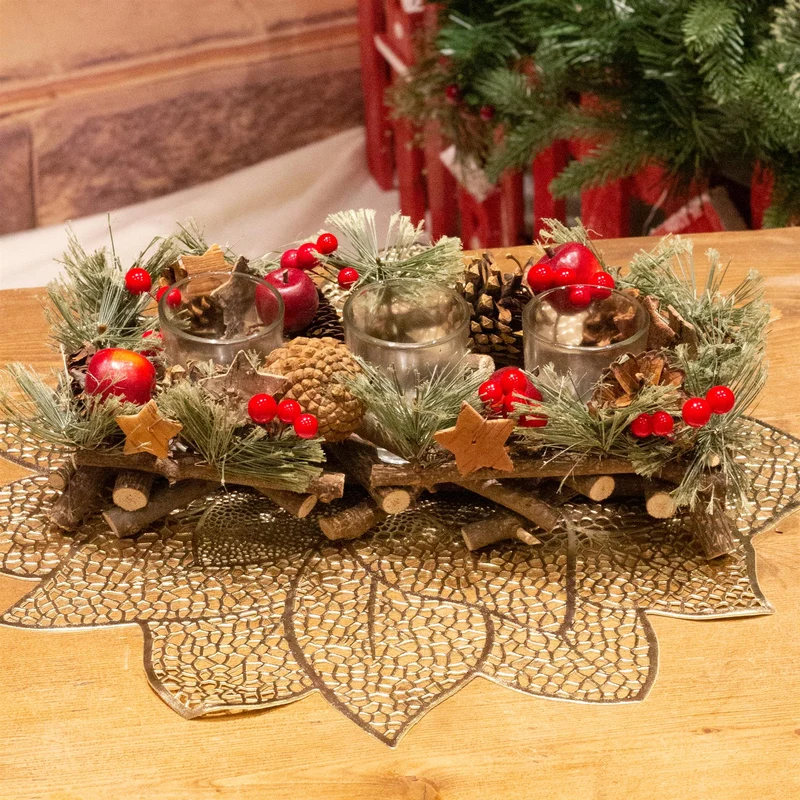 Handcrafted Christmas Triple Tealight Candle Holder ~ Xmas Table Centrepiece