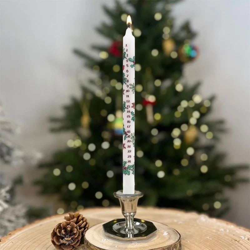 Traditional Countdown To Christmas Advent Dinner Candle - Holly And The Ivy Design (Regular Size)
