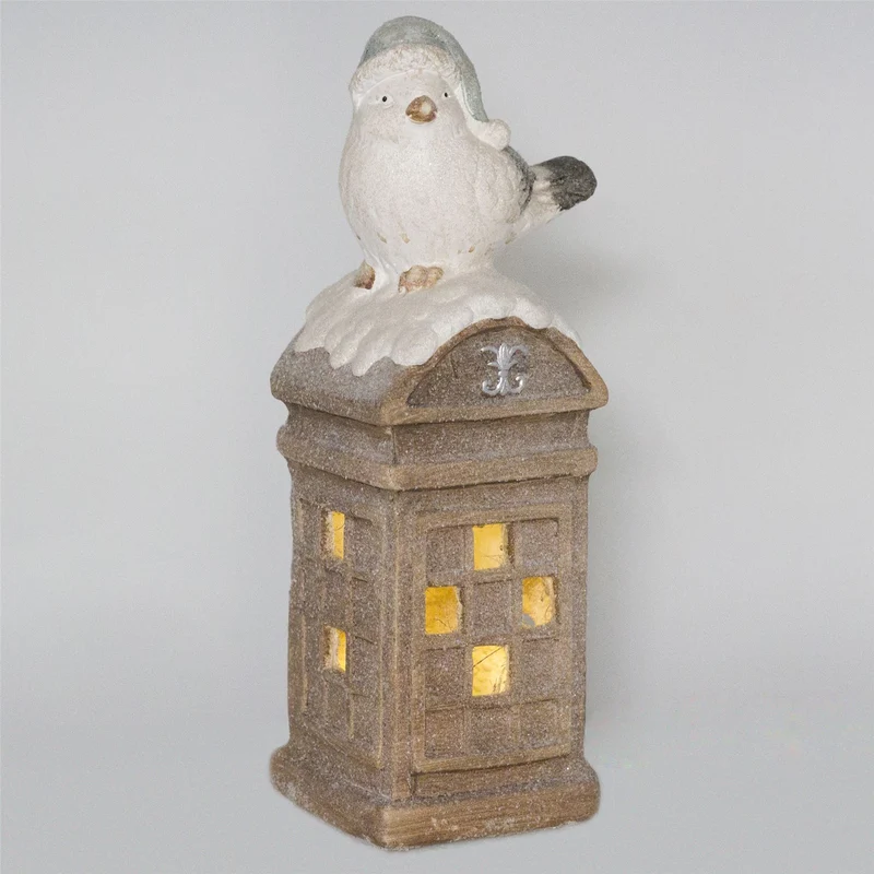 45cm LED Christmas Bird On Telephone Box Decoration | Light Up Festive Phone Box Ornament | Indoor Christmas Decorations