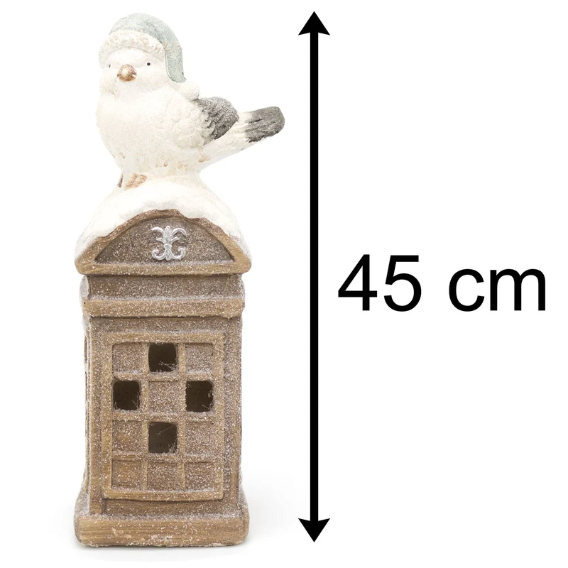 45cm LED Christmas Bird On Telephone Box Decoration | Light Up Festive Phone Box Ornament | Indoor Christmas Decorations