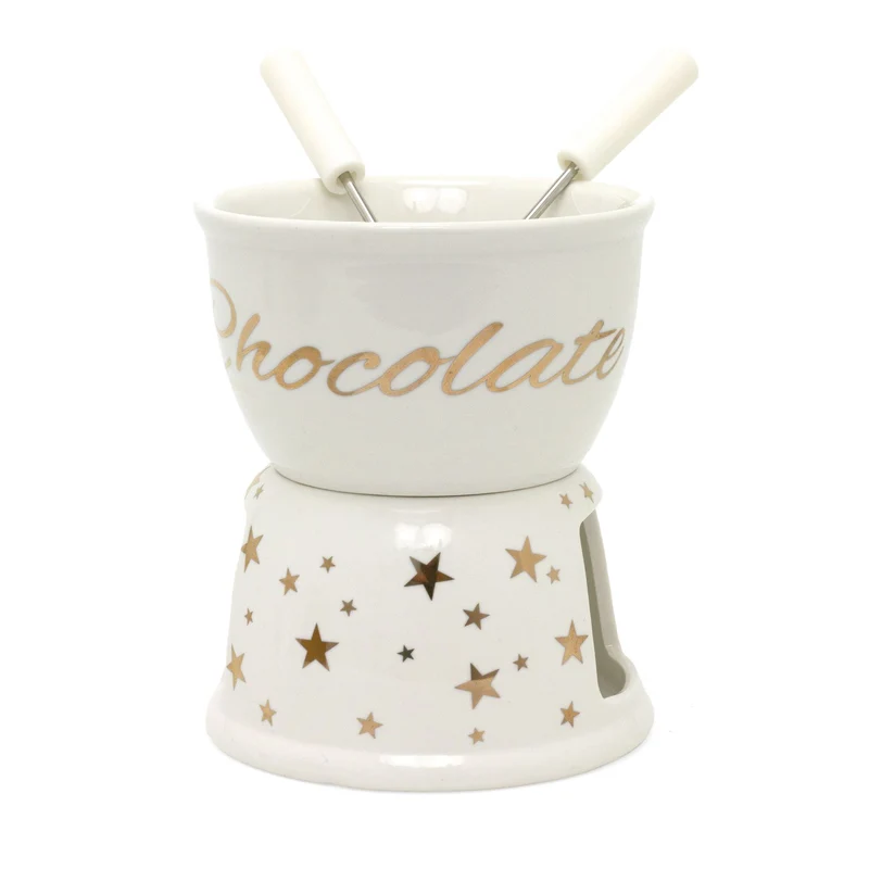 Chocolate Fondue Set | White Ceramic Tea Light Candle Fondue Pot with 2 Forks