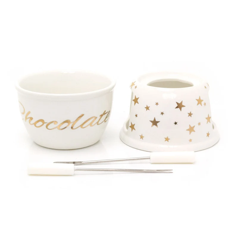 Chocolate Fondue Set | White Ceramic Tea Light Candle Fondue Pot with 2 Forks