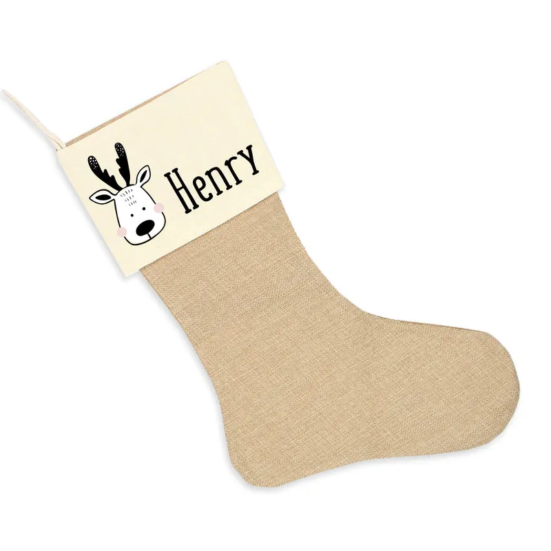 Nikolausstrumpf zum Befüllen Weihnachtssocke aus Jute personalisiert mit Name - Scandi Reindeer