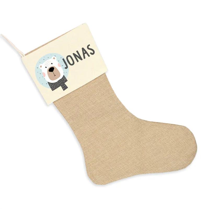 Nikolausstrumpf zum Befüllen Weihnachtssocke aus Jute personalisiert mit Name - Scandi Bear