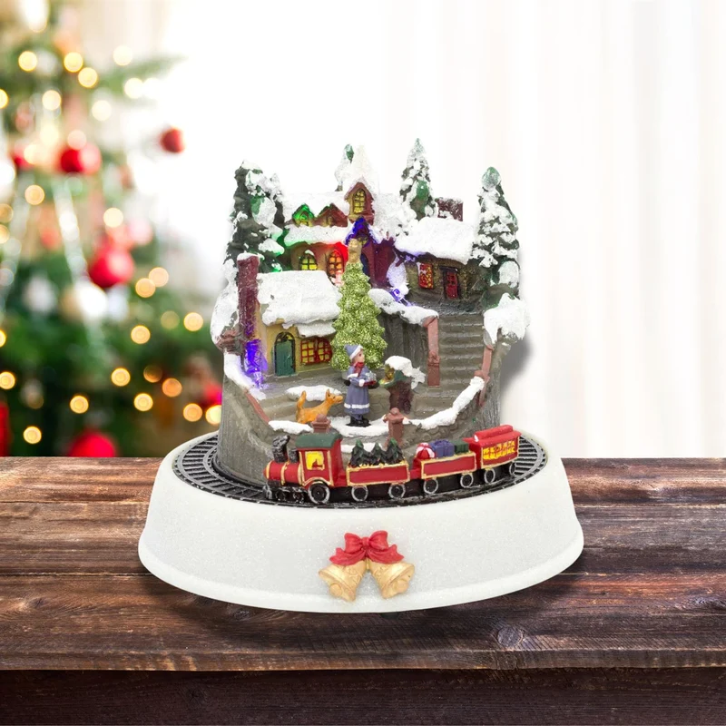Light Up LED Animated Christmas Village Ornament | Christmas Scene With Moving Train Xmas Model Village | Design Varies One Supplied
