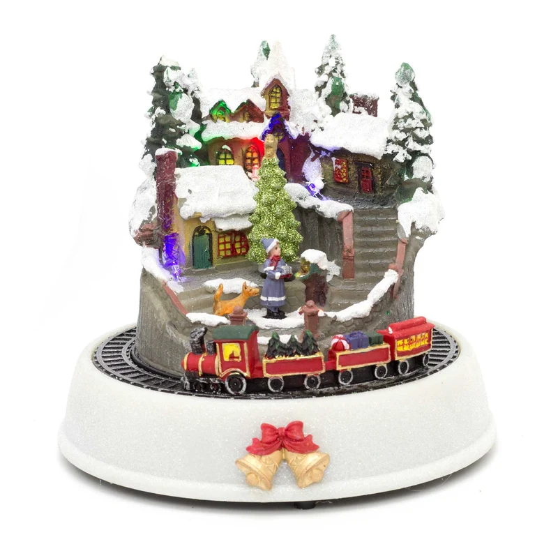 Light Up LED Animated Christmas Village Ornament | Christmas Scene With Moving Train Xmas Model Village | Design Varies One Supplied