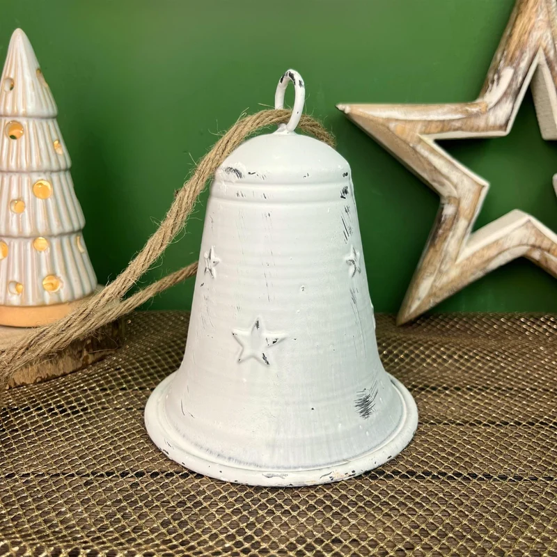 White Metal Christmas Bell Rustic Tree Decorations | Embossed Xmas Hanging Bell | Festive Jingle Bell Hanging Decorations