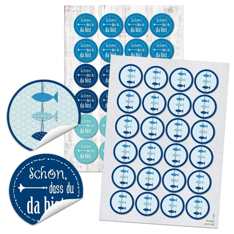 2 x 48 SCHÖN DASS DU DA BIST Aufkleber + FISCHE runde selbstklebende maritime Sticker blau türkis Etiketten Verpackung Geschenke Kommunion Tischkarten basteln Hochzeit Geburtstag