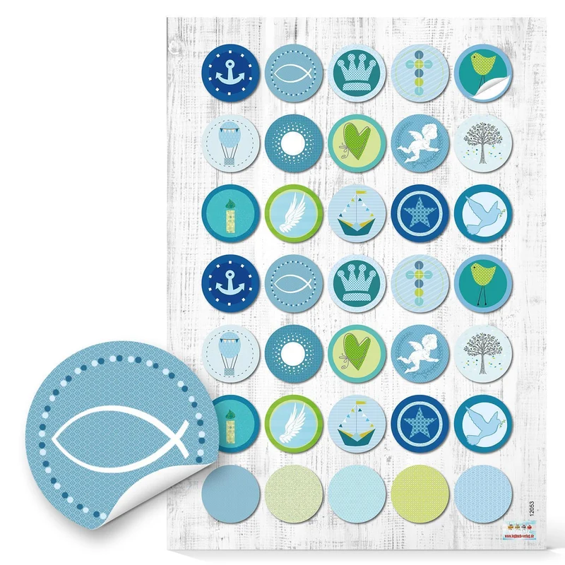 Aufkleber Set 24 Schön, dass du da bist + 35 Sticker mit maritimen Motiven blau türkis - Taufe Kommunion