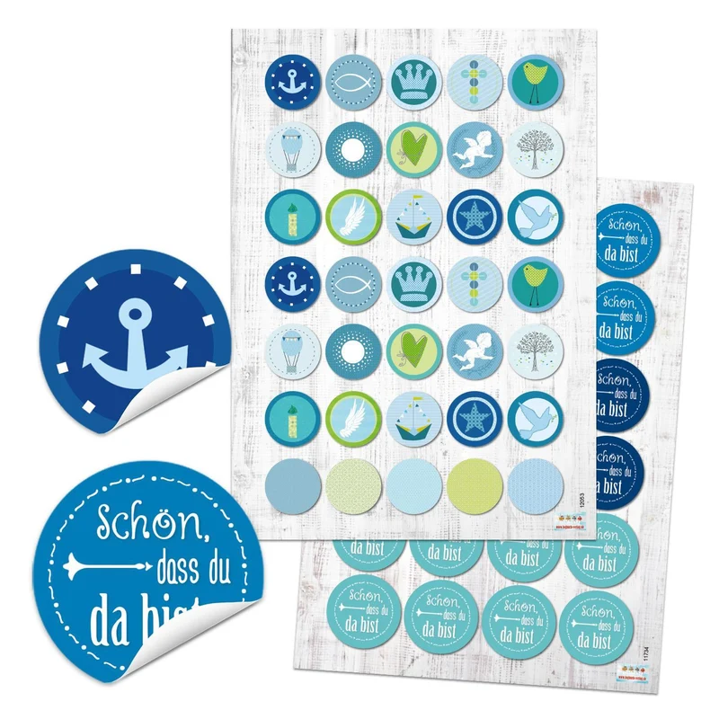 SET 70 + 48 SCHÖN DASS DU DA BIST blau weiß türkis hellblau maritim Aufkleber rund Kommunion Taufe Kinder-Sticker Anker Engel Krone Fisch Herz Schiff Boot Kinder-Geburtstag Verpackung basteln