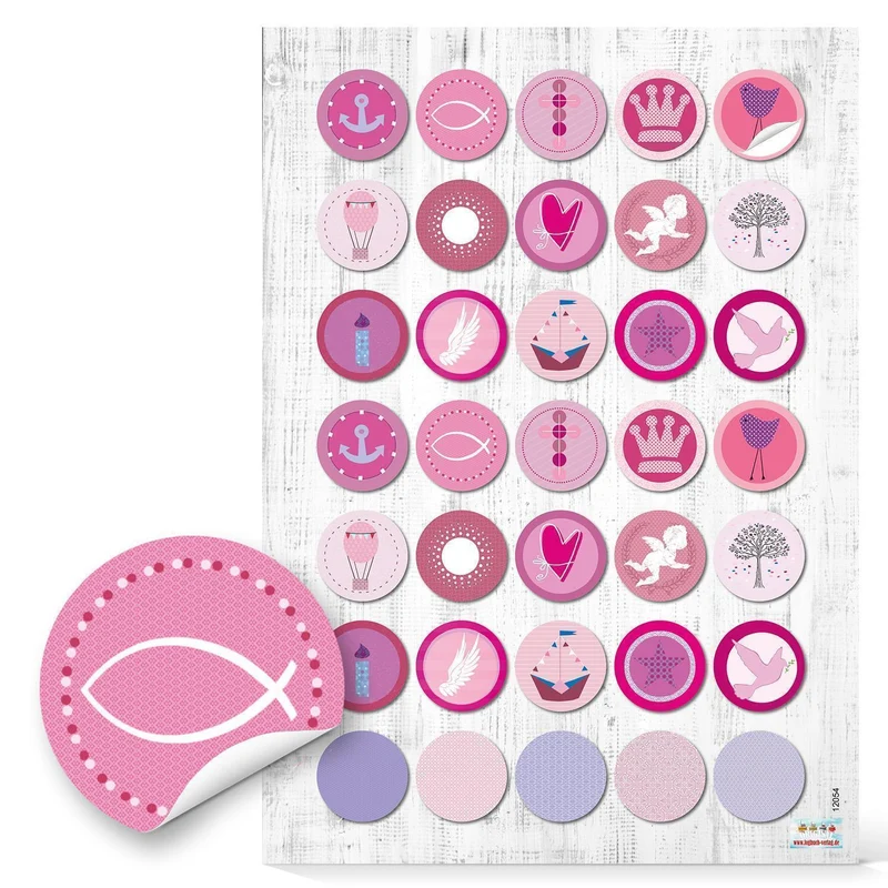 Aufkleber Set 24 Schön, dass du da bist + 35 Sticker rosa pink weiß für Taufe Kommunion
