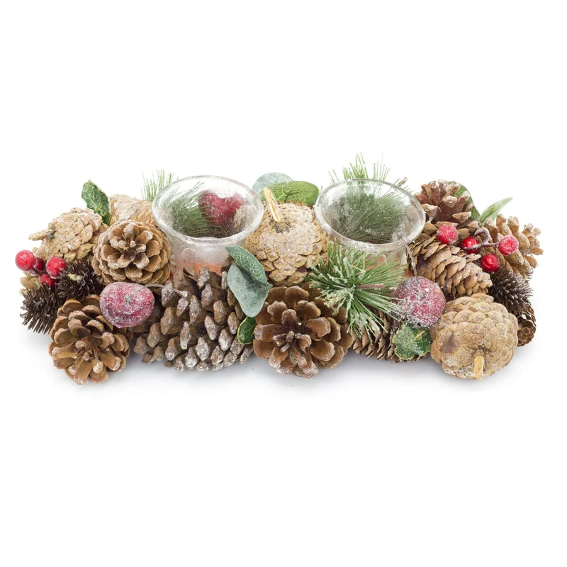 32cm Traditional Christmas Double Tealight Candle Holder | Twin Christmas Garland Tea Light Holder | Christmas Candle Centerpiece