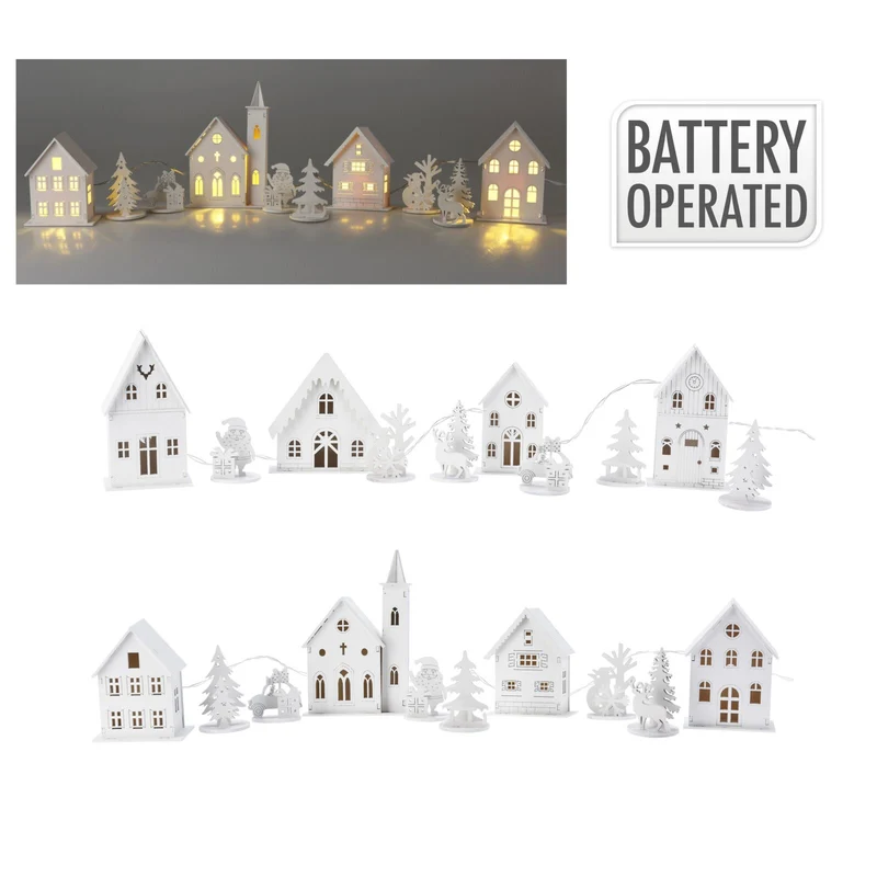 LED Christmas Village | 10-Piece Wooden Christmas Scene with 4 Light-Up Houses