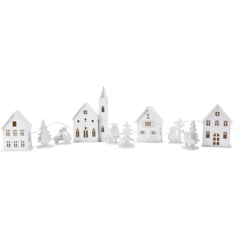 LED Christmas Village | 10-Piece Wooden Christmas Scene with 4 Light-Up Houses