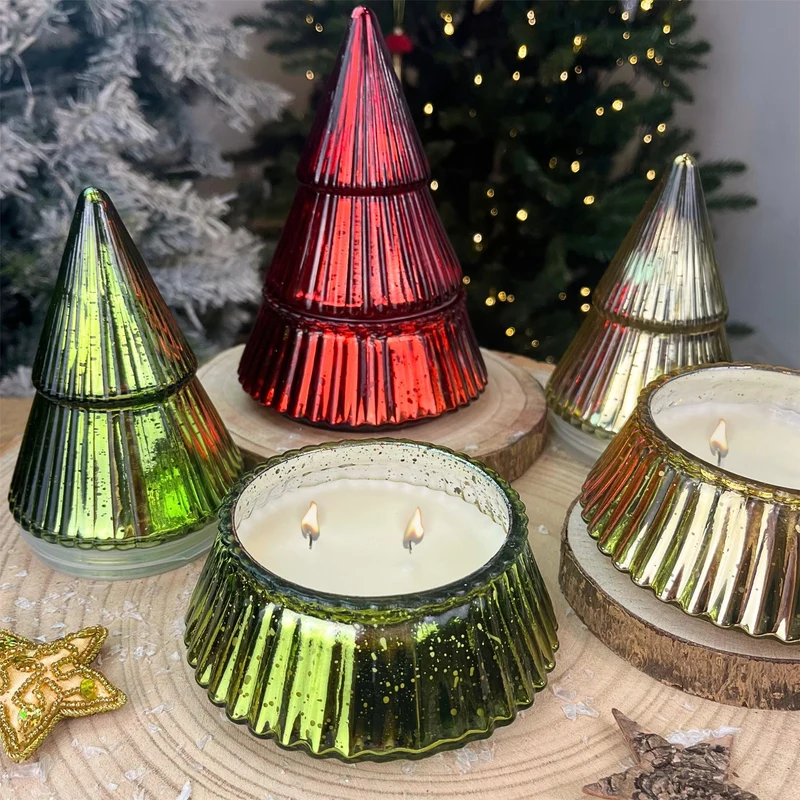 Glass Christmas Tree 2-wick Scented Candle | Christmas Candle Holder - 17cm