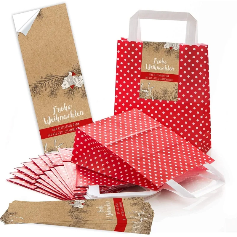 Rot-weiß gepunktete Henkeltüten 18 x 8 x 22 cm mit Weihnachtsbanderolen Mistelzweig & Co.