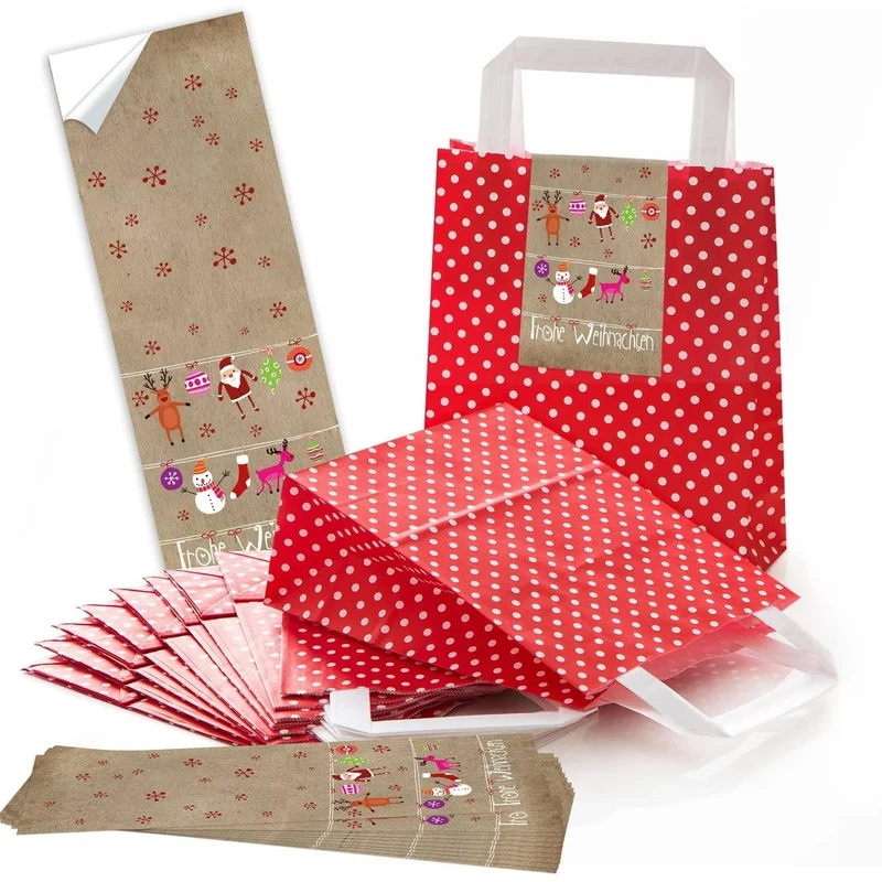 Rot-weiß gepunktete Henkeltüten 18 x 8 x 22 cm mit Weihnachtsbanderolen Mistelzweig & Co.
