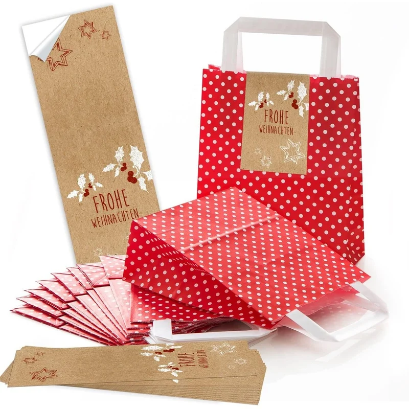 Rot-weiß gepunktete Henkeltüten 18 x 8 x 22 cm mit Weihnachtsbanderolen Mistelzweig & Co.