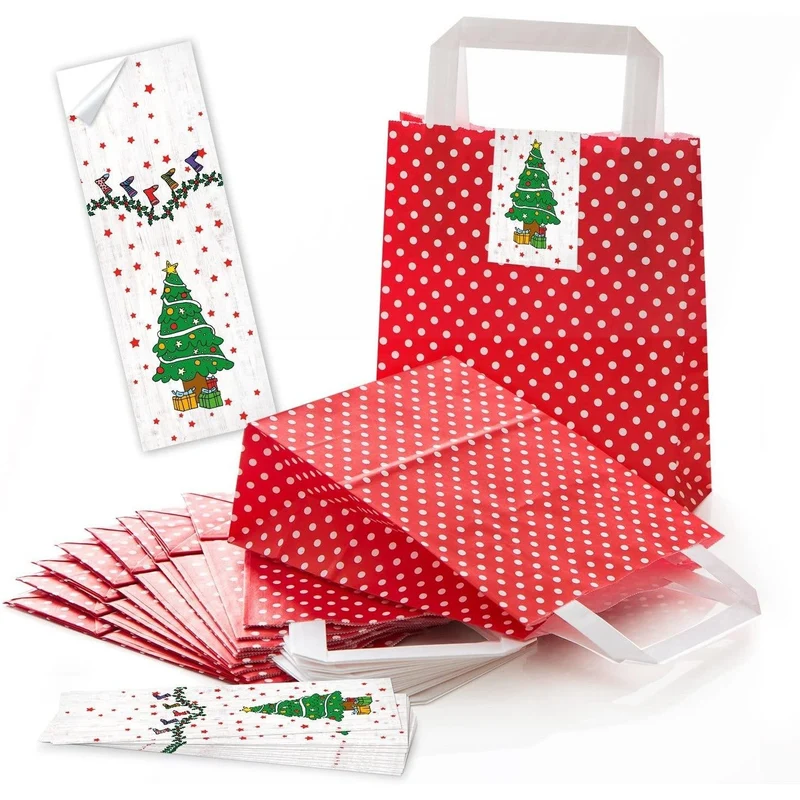 Rot-weiß gepunktete Henkeltüten 18 x 8 x 22 cm mit Weihnachtsbanderolen Mistelzweig & Co.