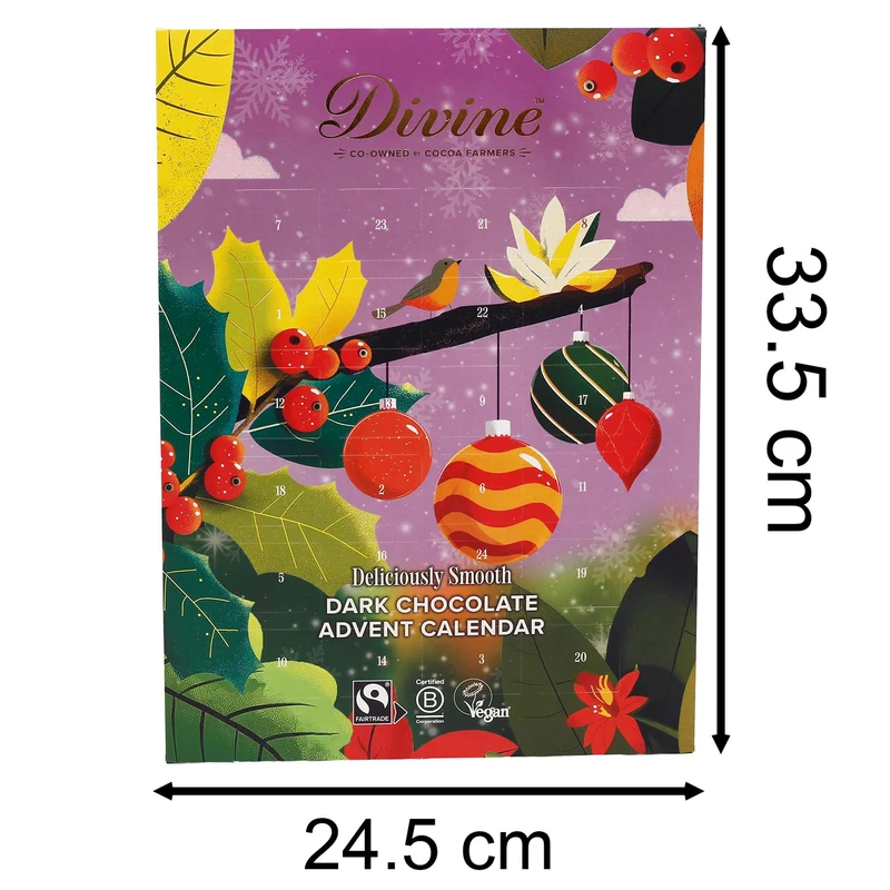 Divine Fairtrade Dark Chocolate Christmas Advent Calendar | 70% Cocoa Dark Chocolate Advent Calendar | Vegan Chocolate Christmas Calendar 85g