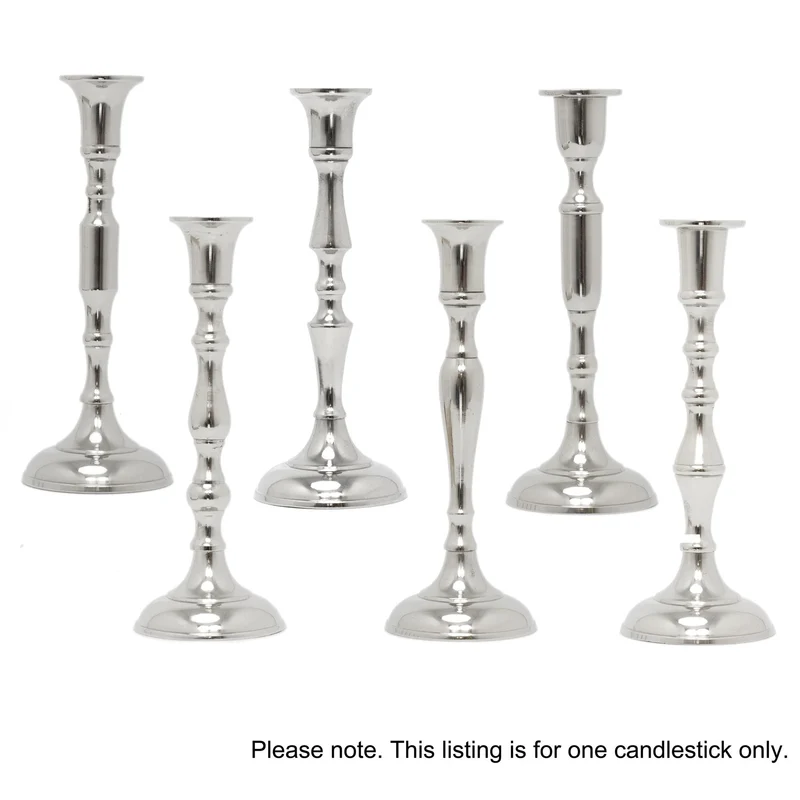 Silver Metal Dinner Table Pillar Candlestick Candle Holder Decoration - Design Varies