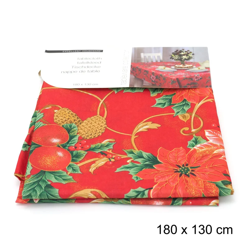 Traditional Fabric Christmas Tablecloth | Rectangular Table Cloth | Xmas Table Cover Christmas Decorations 180cm X 130cm - Red Cloth Pine Cone